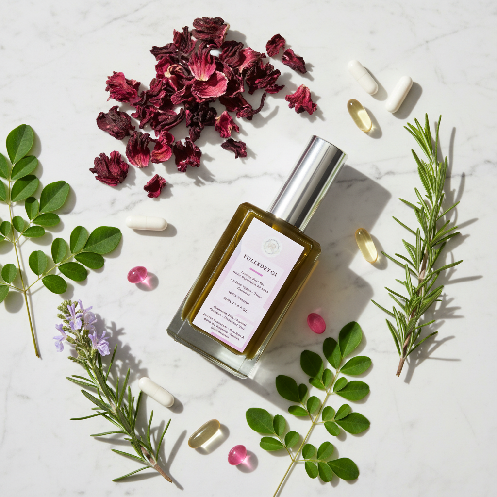 FOLLEDETOI Multivitamin Hair Growth Oil - Marble Flat Lay