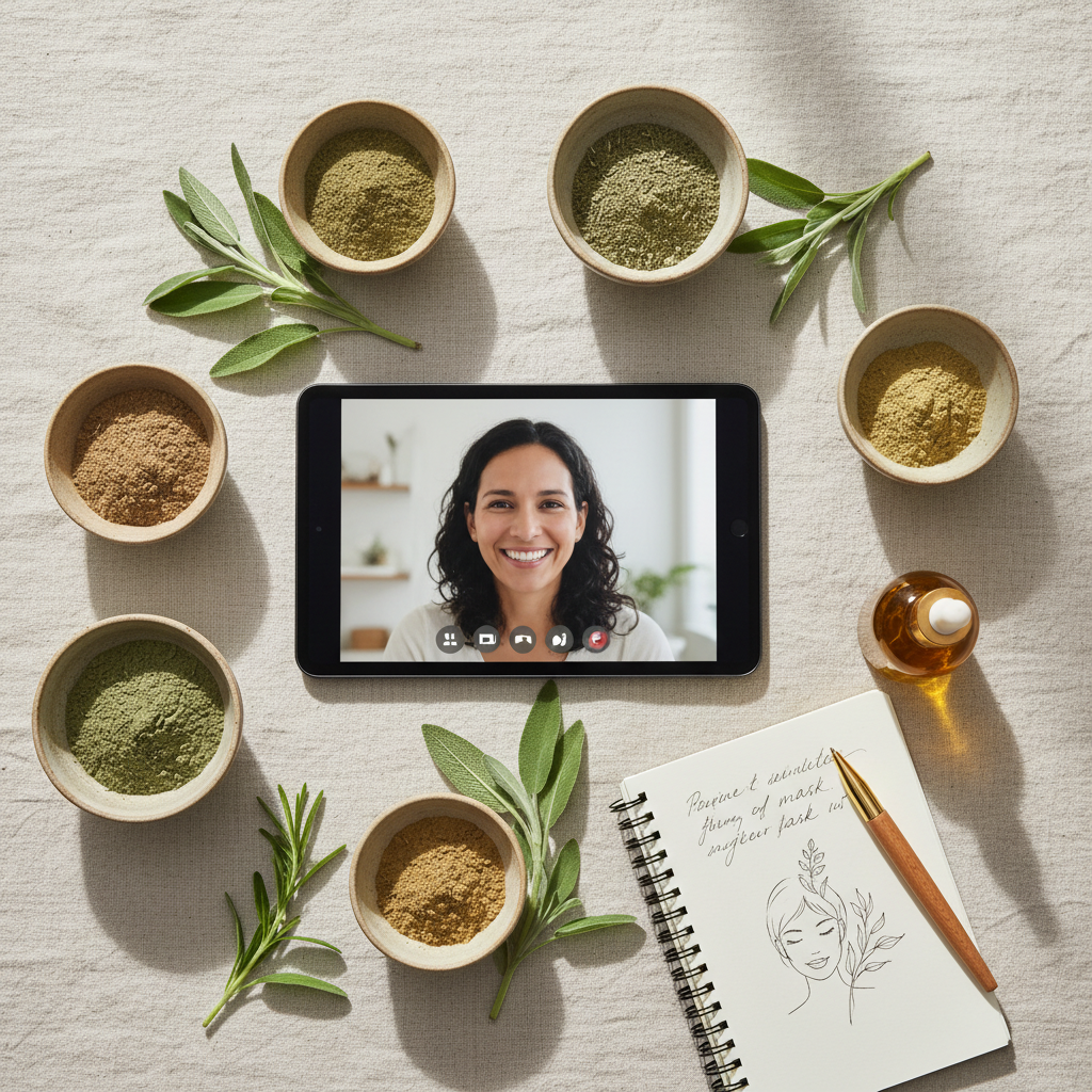 Flat lay of personalized hair wellness consultation items including herbal powders and regimen notepad