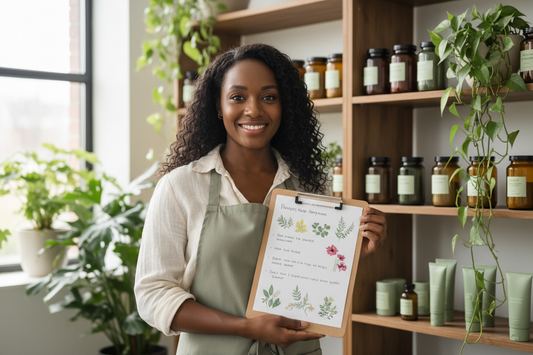 Professional hair specialist holding a personalized hair regimen plan in a botanical studio